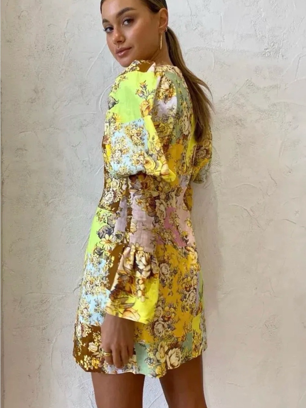 Alemais Floral Puff-Sleeve Mini Dress in Yellow